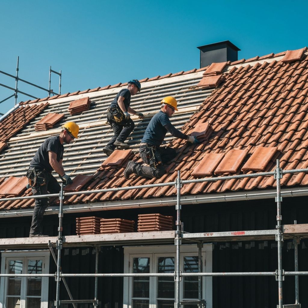 Takläggare arbetar på ett tak